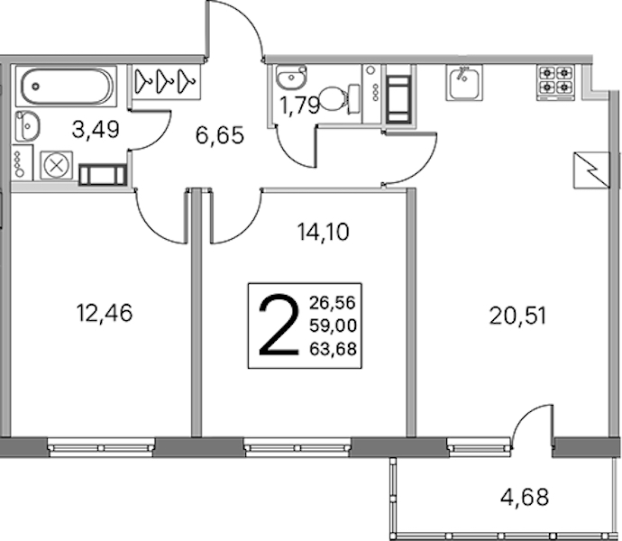 2-комнатная квартира 59 м², 3/5 эт., ЖК «ЮгТаун. Олимпийские кварталы»